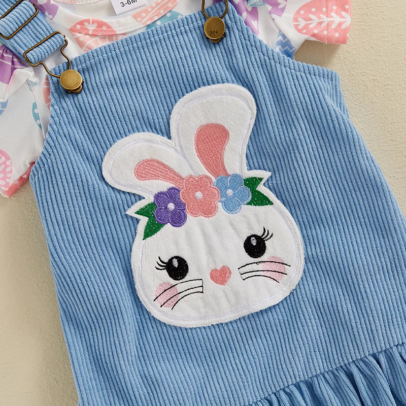 Girl's 2-Piece Easter Egg Onesie & Bunny Corduroy Suspender Dress Outfit Sets