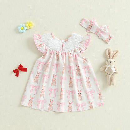 Girl's 2-Piece Rabbit/Easter Egg Fly Sleeve Dresses & Headband Sets