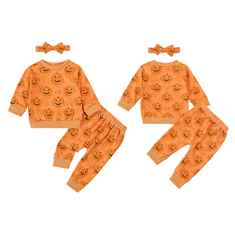 3-Piece Halloween Outfits! Girl’s Long Sleeve Pumpkin Sweatshirt, Pants & Headband Sets