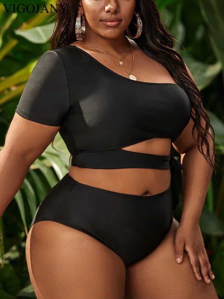 Black One Shoulder 2 Piece Plus BikiniShort Sleeve Push Up Swimsuit Hollow Bathing Suit