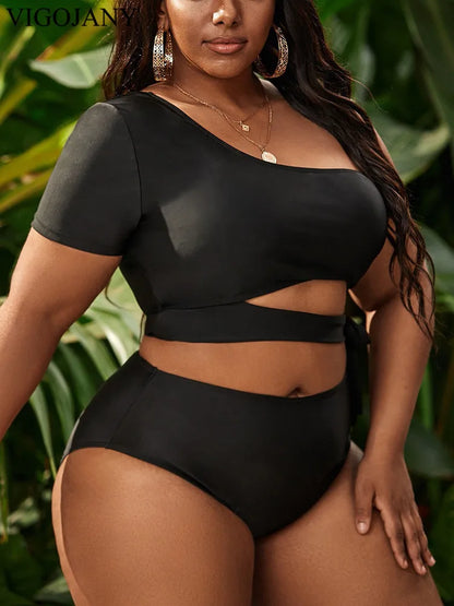 Black One Shoulder 2 Piece Plus BikiniShort Sleeve Push Up Swimsuit Hollow Bathing Suit