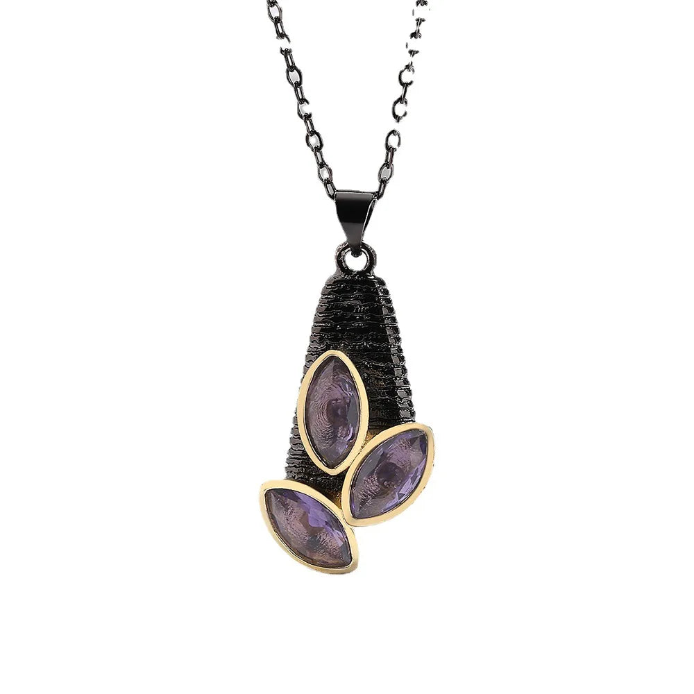 Necklace Purple Zircon Pendant Amethyst Black & Gold Style