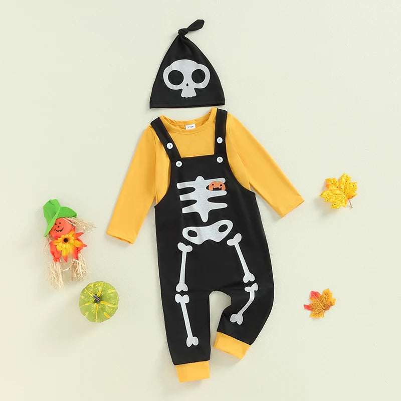 3-Piece Halloween Outfits! Boy’s Long Sleeve Skeleton Tops, Overalls & Hat Sets