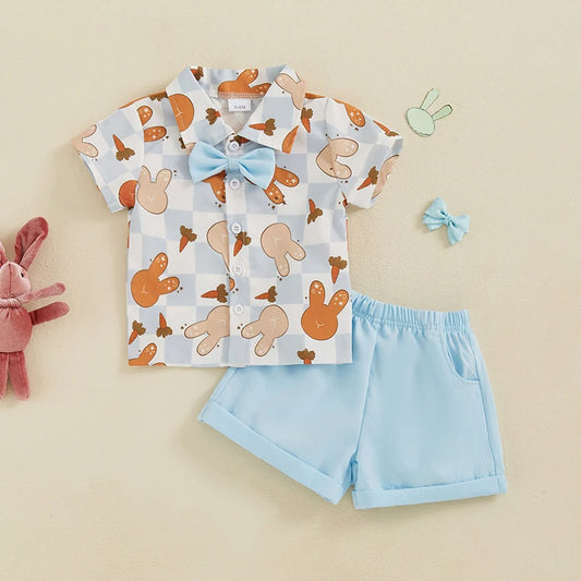 Boy's Button-Up Easter Bunny Carrot Bow Tie Polos & Shorts Sets