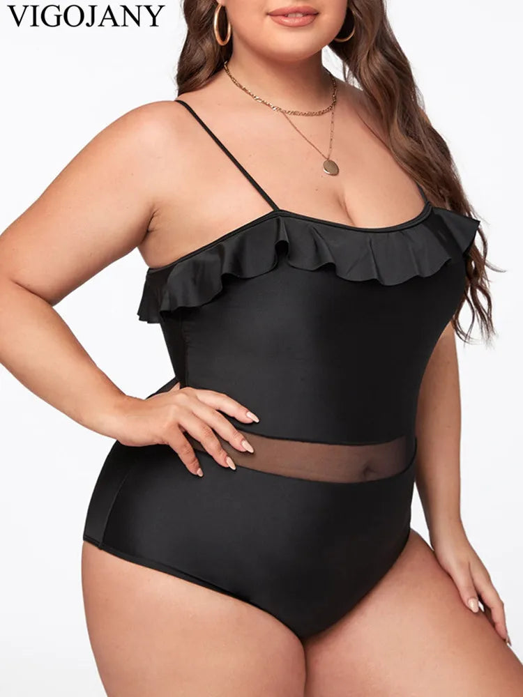 Black Strapped Plus SwimwearVerge Push Up One Piece Swimsuit Mesh Patchwork Bathing Suit