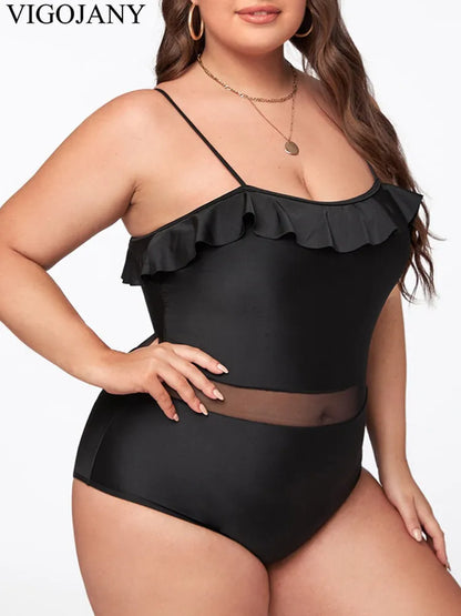 Black Strapped Plus SwimwearVerge Push Up One Piece Swimsuit Mesh Patchwork Bathing Suit