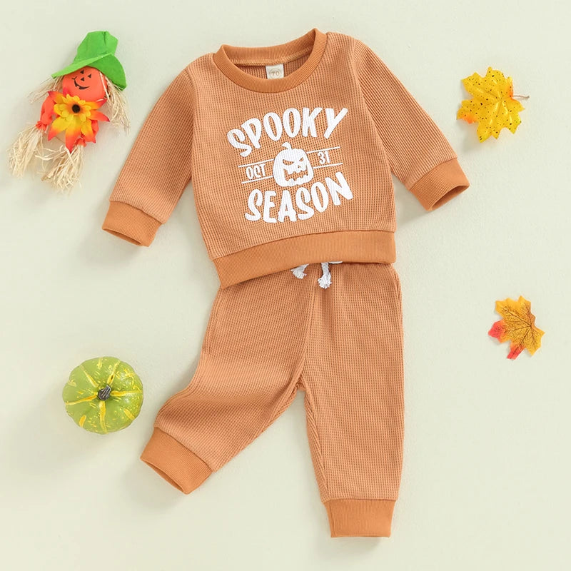 2-Piece Halloween Outfits! Boy's & Girl's "Spooky Season" Pumpkin Sweatshirt & Pants Sets