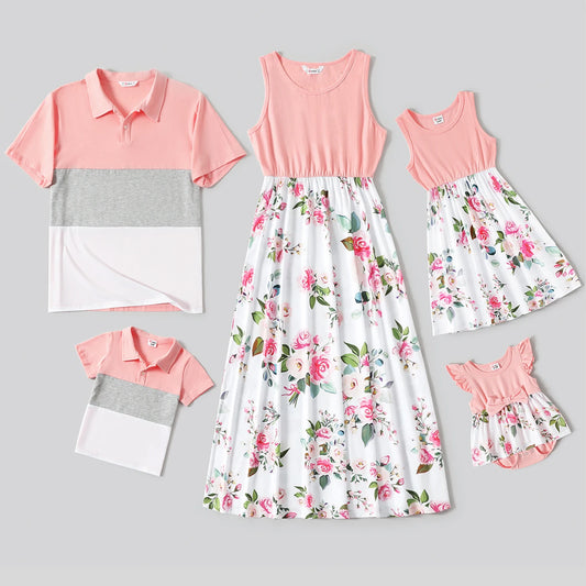 Family Matching! Pink Sleeveless Floral Midi Dresses & Colorblock Polo Shirts