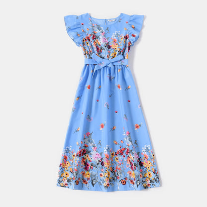 Family Matching! Blue or Yellow Floral Ruffle-Sleeve Midi Dresses & Striped T-shirts