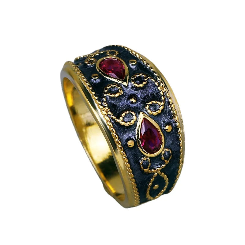 2-Piece Vintage Ruby-Zircon Black & Gold Style Ring & Earrings Sets