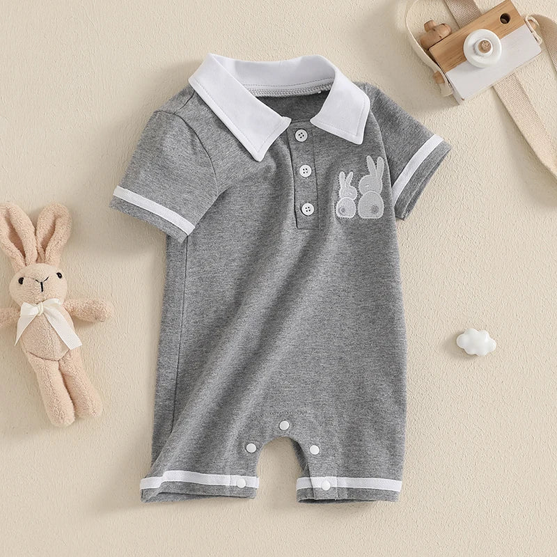 Boy's Easter Bunny Embroidered Jumpsuits with Turn-Down Collar