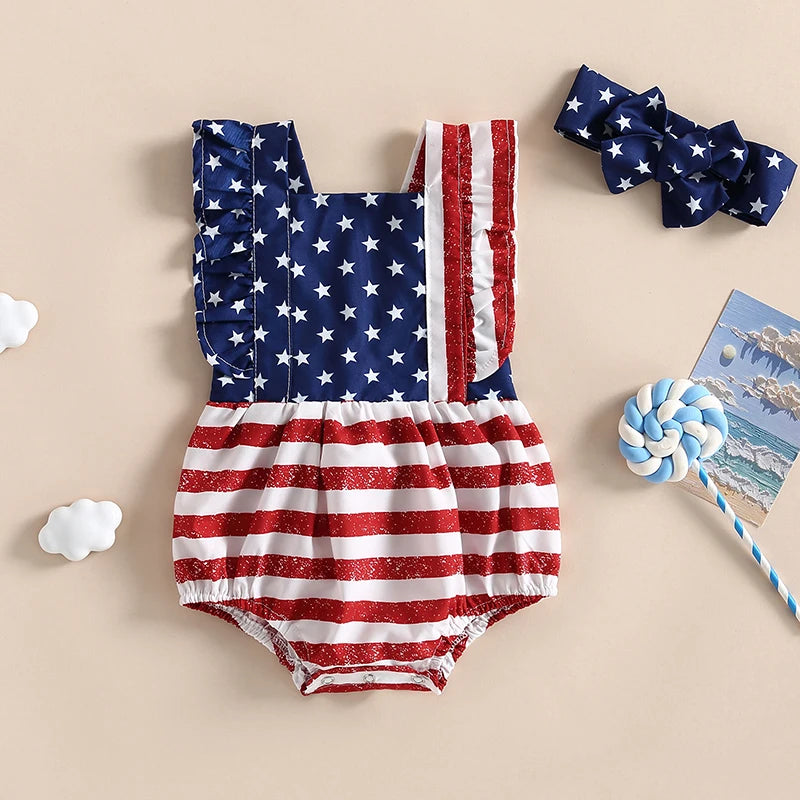 Girl's 2-Piece 4th of July Rompers & Bow Head Band Sets