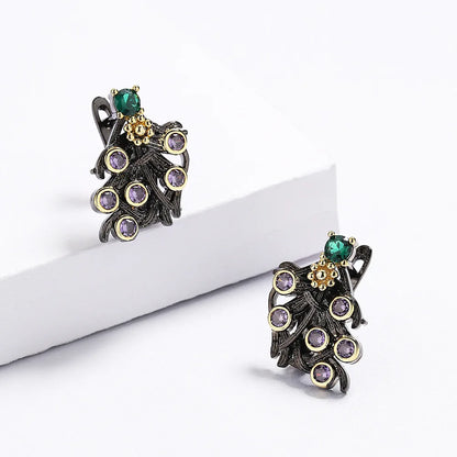 Purple Zircon Flower Earrings Classic Black & Gold Style Earrings