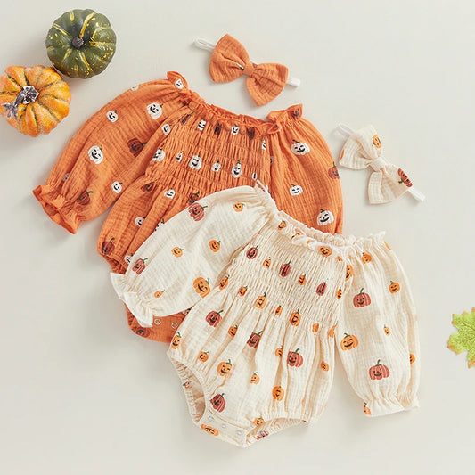 2-Piece Halloween Outfits! Girl's Off-Shoulder Ruched Pumpkin Onesies & Matching Bow Headband Sets