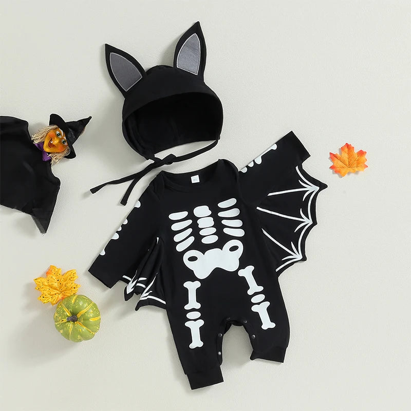 Halloween Costumes! 2-Piece Boy's & Girl's Long Sleeve Skeleton Bat Romper & Hat Set