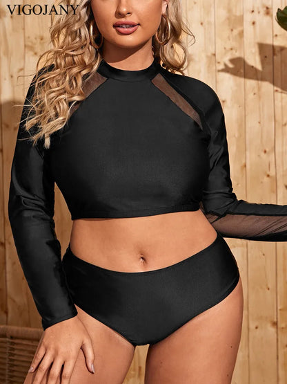 Black Long Sleeve Plus Swimwear Push Up Mesh Swimsuit High Waist 2 Piece Bikini Bathing Suit