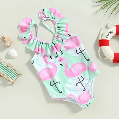 Kids Toddler Girl Swimsuits Flamingo Print Backless Fly Sleeve Jumpsuit Swimwear Beachwear Bathing Suits