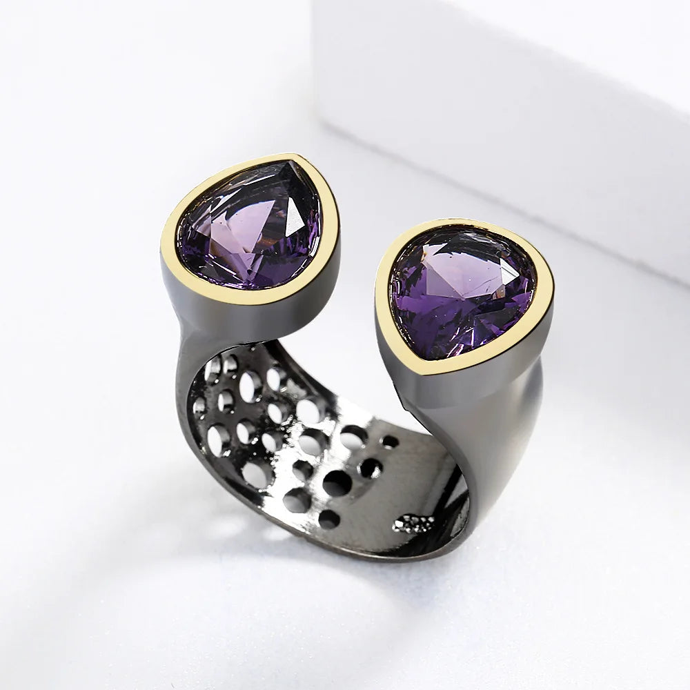 Vintage Purple Zircon Adjustable Black & Gold Style Ring