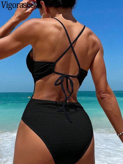 Black Strapped SwimwearPush UP Hollow One Piece Swimsuit Monokini Cross Backless Beach Bathing Suit