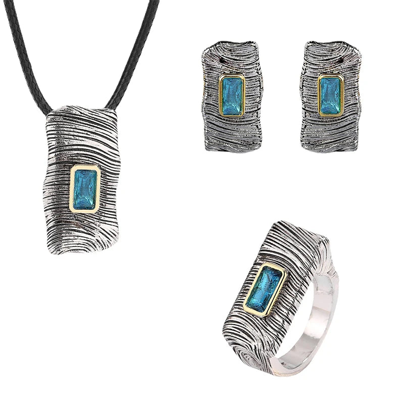 3-piece Blue Zircon Silver Rings, Necklace & Earrings Sets