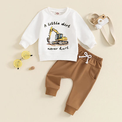 2-Piece Fall/Winter Outfits! Boy's "A Little Dirt Never Hurt" Excavator Sweatshirt & Pants Sets