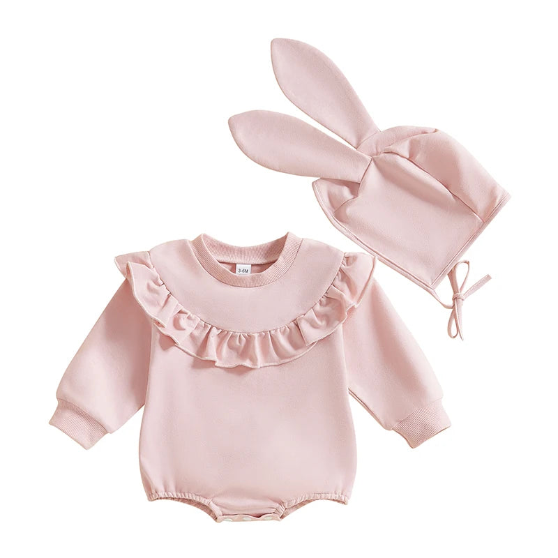 Girl's Ruffled Easter Bunny Tail Onesie & Bunny Ear Hat Sets