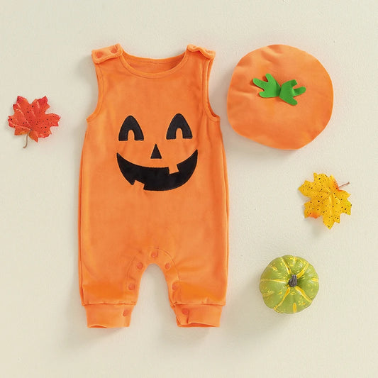 2-Piece Halloween Costume! Girl's & Boy's Pumpkin Bib Romper & Hat Sets