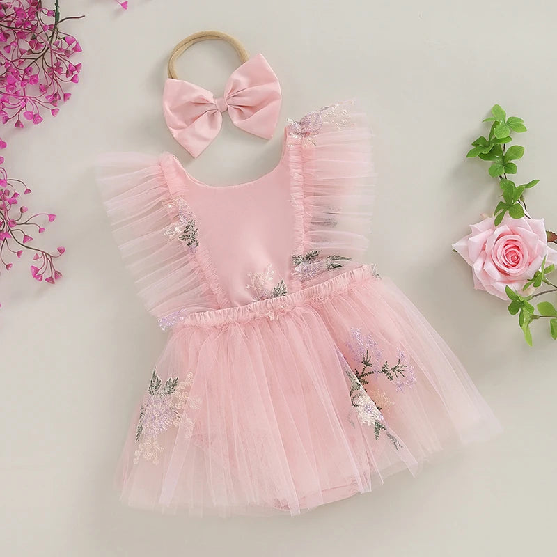 2-Piece Outfits! Girl's Sleeveless Embroidered Floral Tulle Overall Dress & Headband Sets