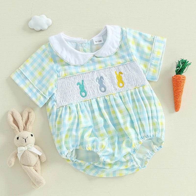 Girl's & Boy's Embroidered Easter Bunny Doll Collar Rompers