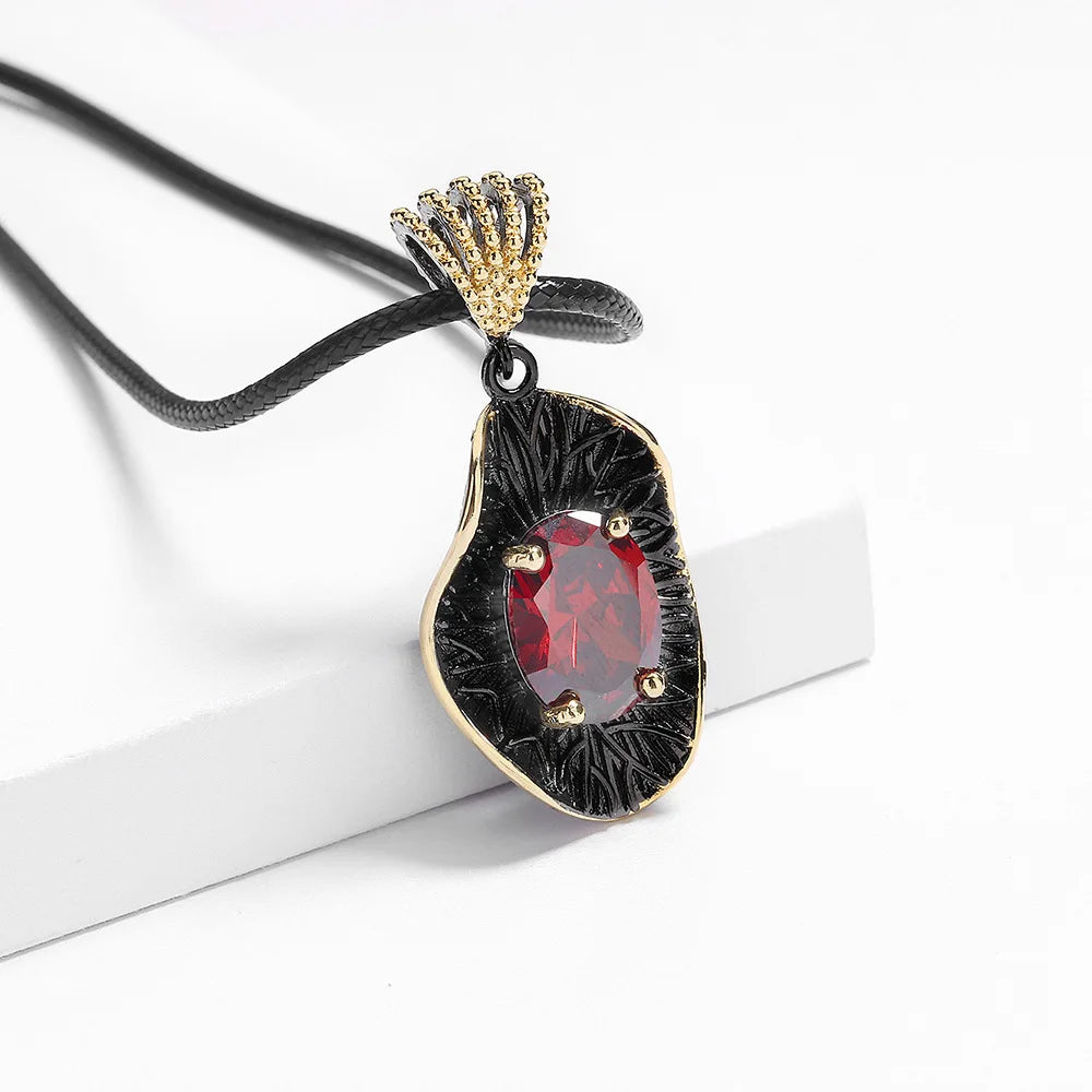 Red Zircon Pendant Black & Gold Style Oval Necklaces