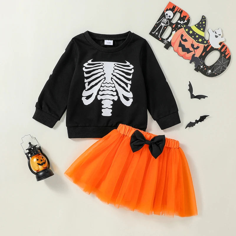 2-Piece Halloween Outfits! Girl’s Long Sleeve Skeleton Sweatshirt Romper & Skirt Sets