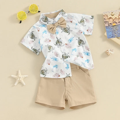 2-Piece Outfits! Boy's Rabbit & Ocean Print Button-Up Bow-Tie Collar Shirts  & Shorts Sets