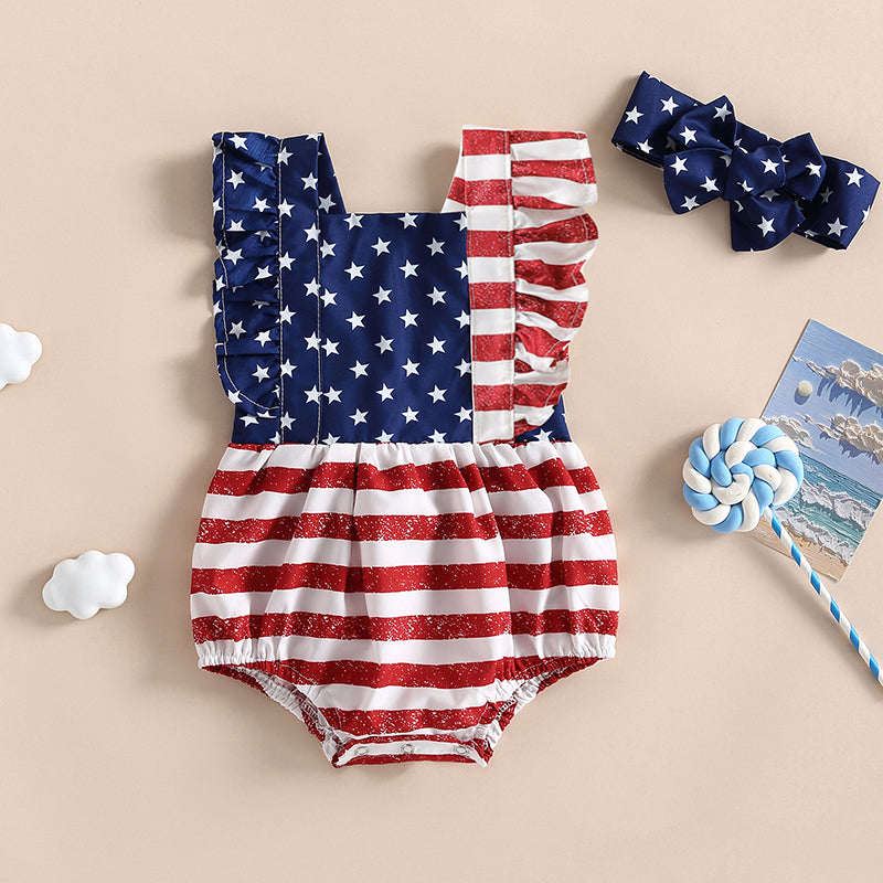 Girl's 2-Piece 4th of July Rompers & Bow Head Band Sets