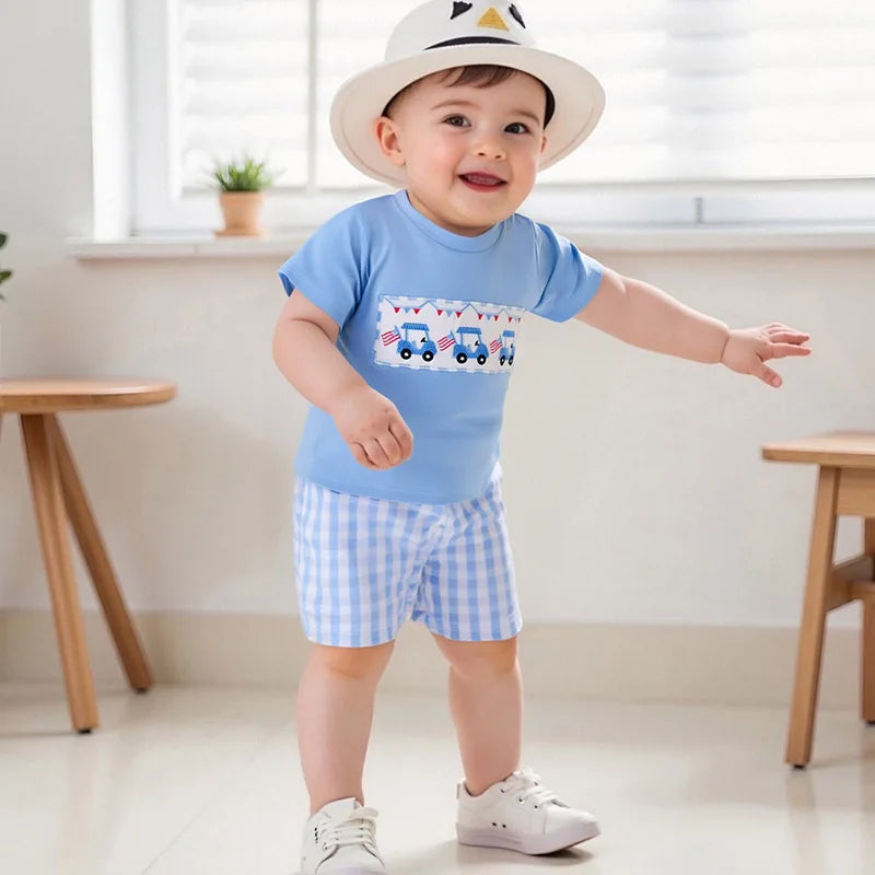 Boy's 2-Piece Embroidered Golf Cart 4th of July T-Shirts & Plaid Shorts Sets