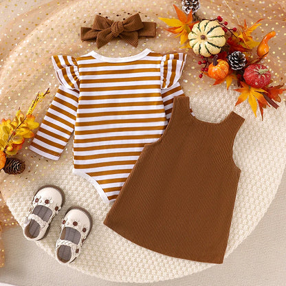 3-Piece Thanksgiving Outfits! Girl’s Embroidered Turkey Onesies, Overall Dress & Bow Headband Sets