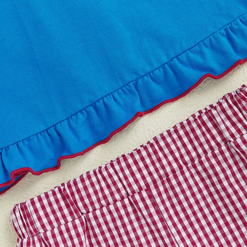 Girl's 2-Piece Embroidered 4th of July Fly Sleeve Tops & Plaid Ruffled Shorts Sets