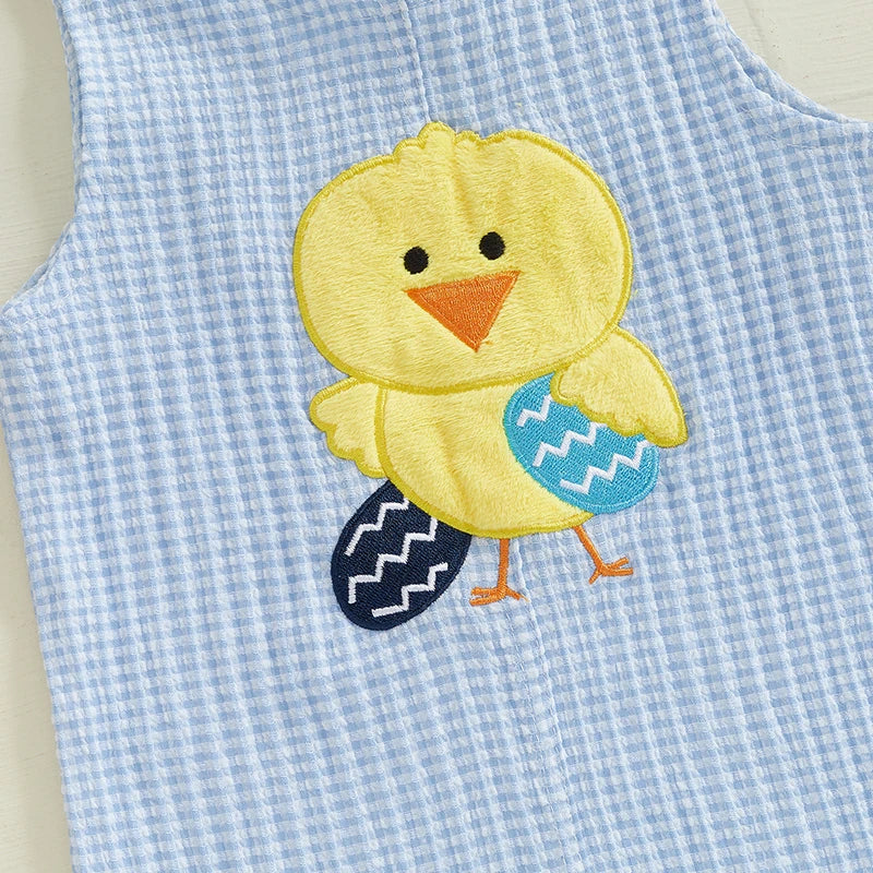 Boy's Easter Chick Egg Embroidered Plaid Sleeveless Overall Jumpsuits