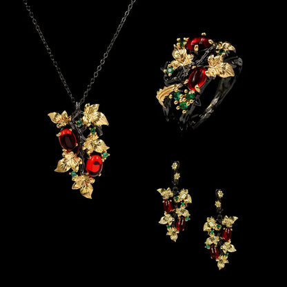 Floral Agate, Zircon Black & Gold Style Rings, Necklace & Earrings Sets