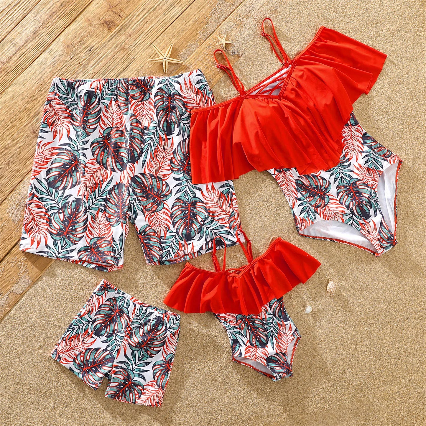 Family Matching! Swimsuit Allover Tropical Plants Print Swim Trunks Shorts & Spaghetti Strap Ruffle One-Piece Swimsuit