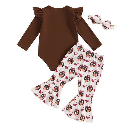 3-Piece Thanksgiving Outfits! Girl’s Long Sleeve Turkey Rompers, Pants& Bow Headband Sets