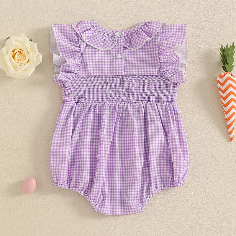 Girl's Embroidered Easter Bunny Plaid Ruffled Rompers