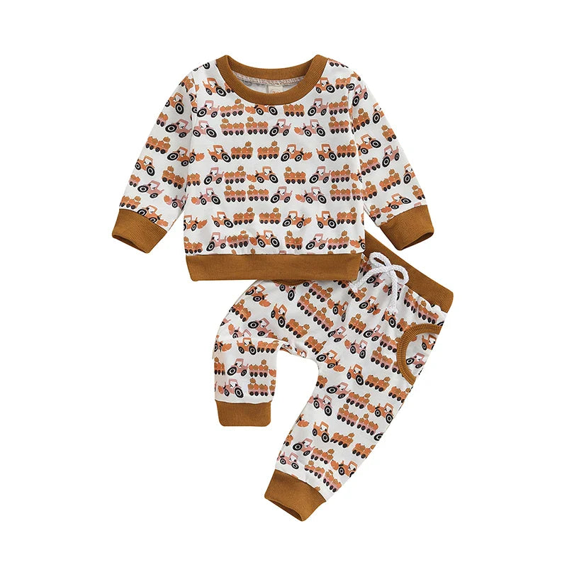 2-piece Sets! Girl's & Boy's Fall Pumpkin Trailer Sweatshirt & Sweatpants