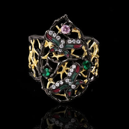 Gothic Butterfly Black & Gold Emerald Zircon Rings