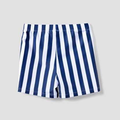 Family Matching! Vertical Stripe Drawstring Swim Trunks or Bow Detail One Piece Swimsuit