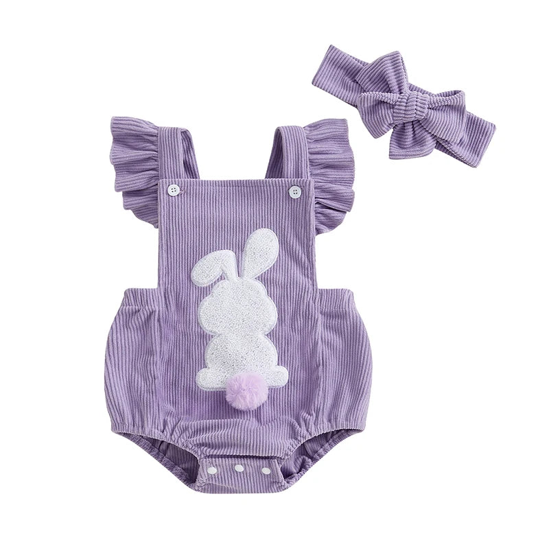 Girl's Fly Sleeve Embroidered Easter Bunny Romper & Headband Sets