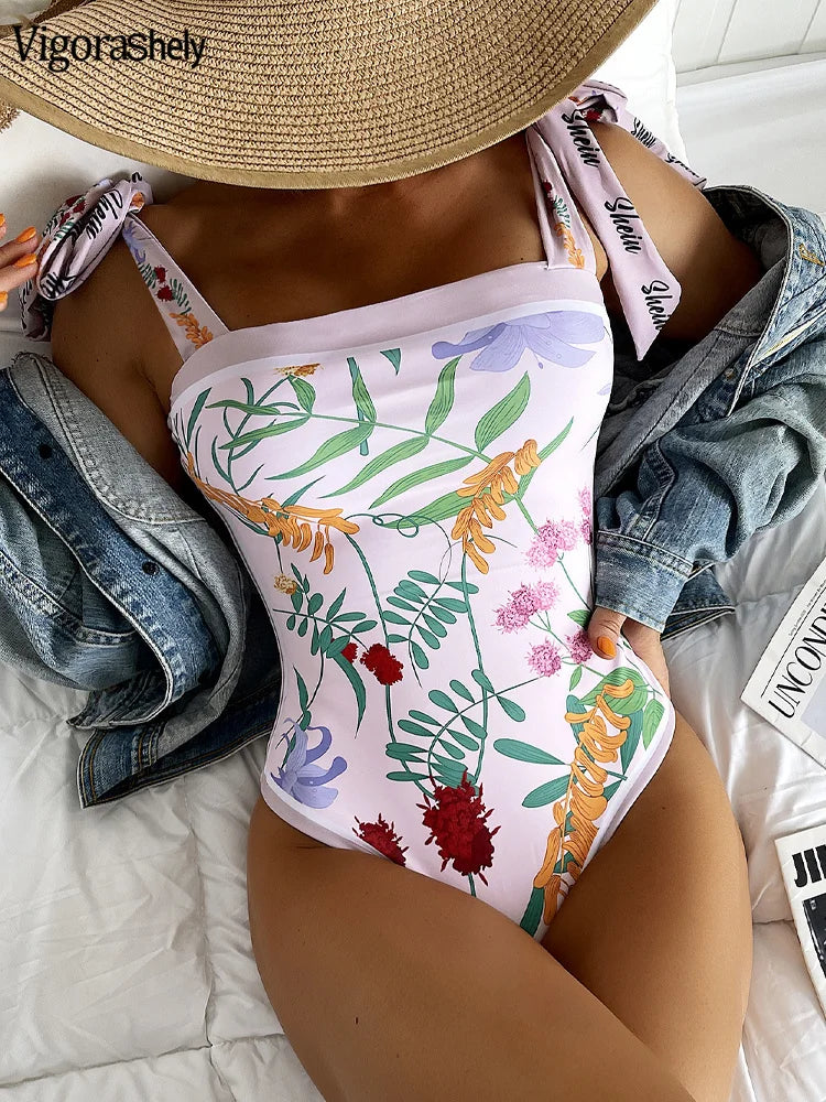 Print Tied Strapped SwimwearPush UP High Cut One Piece Swimsuit Monokini Summer Beach Bathing Suit