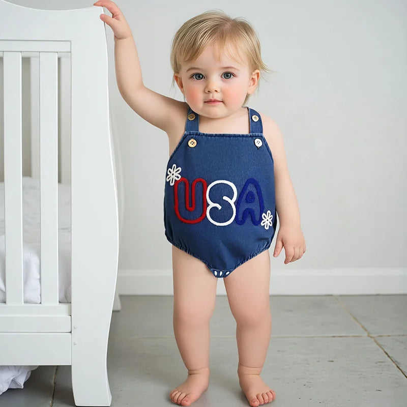 Girl's Embroidered USA 4th of July Overall Rompers