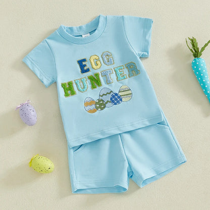 Boy's Easter Shorts Embroidered Eggs T-shirt & Shorts