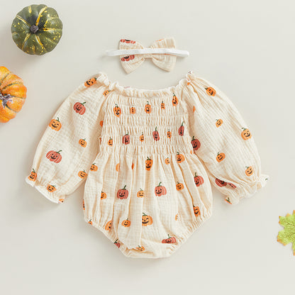 2-Piece Halloween Outfits! Girl's Off-Shoulder Ruched Pumpkin Onesies & Matching Bow Headband Sets