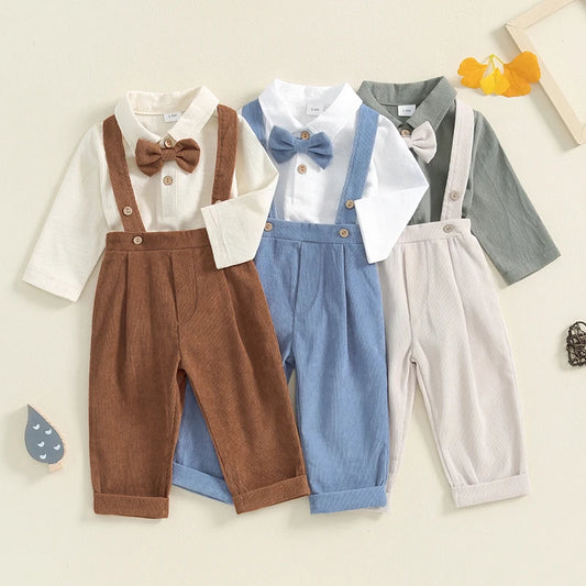 2-Piece Fall Outfits! Boy’s Long Sleeve Sweatshirt Rompers, Suspender Pants & Bow-Tie Sets